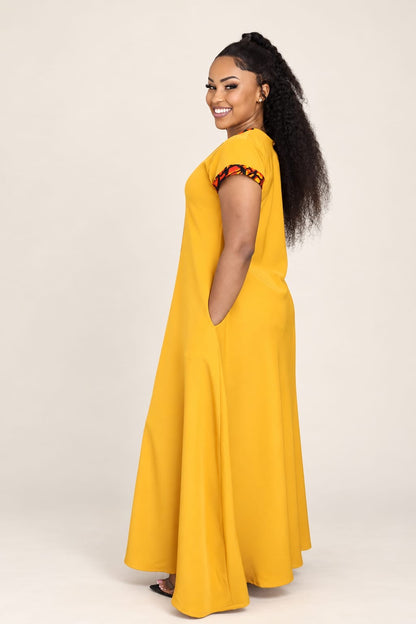 Yellow African Print Maxi Dress with a touch of Ankara(Cap Sleeves)