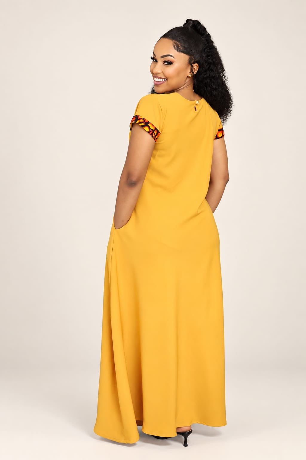Yellow African Print Maxi Dress with a touch of Ankara(Cap Sleeves)