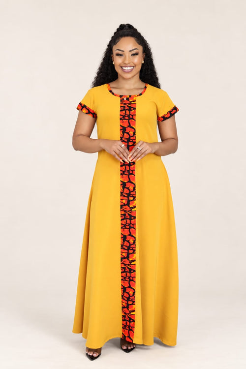 Yellow African Print Maxi Dress with a touch of Ankara(Cap Sleeves)