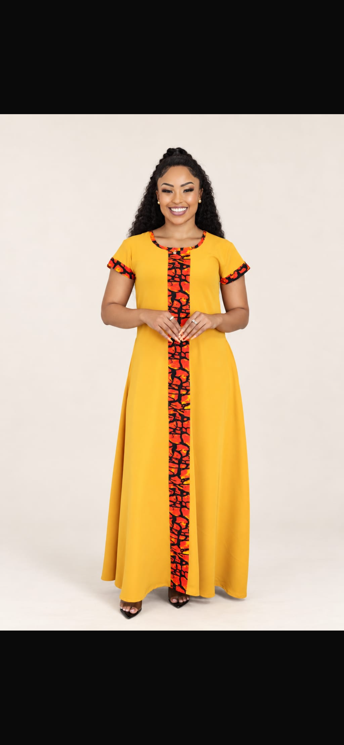 Yellow African Print Maxi Dress with a touch of Ankara(Cap Sleeves)