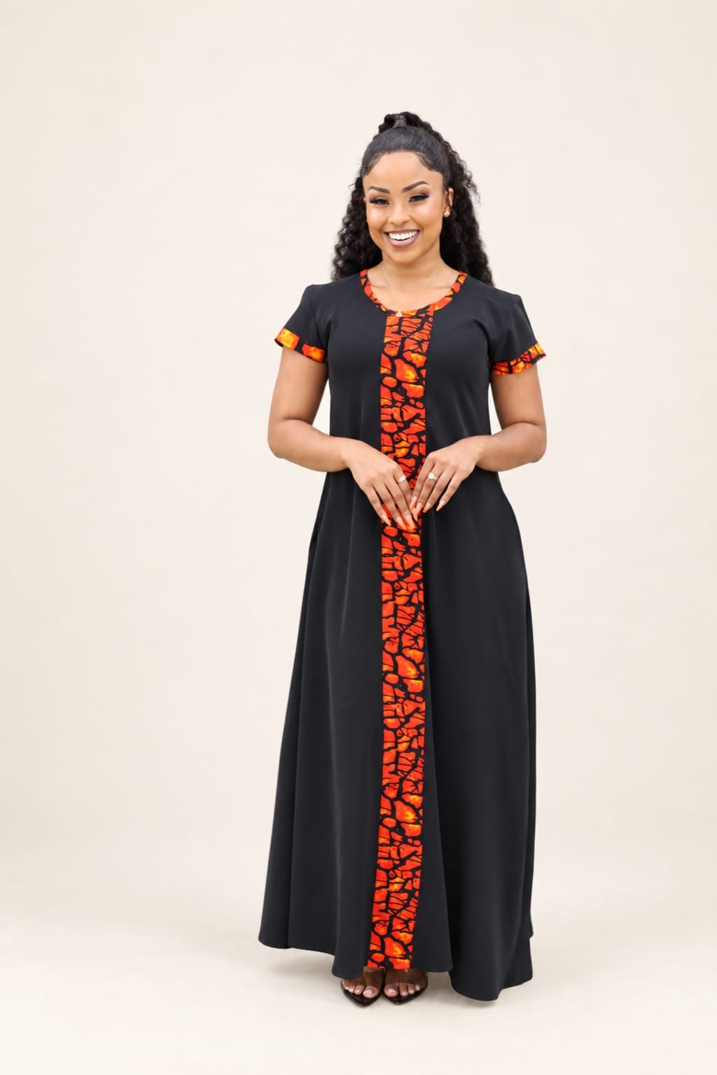 Black African Print Maxi Dress with a touch of Ankara(Cap Sleeves)