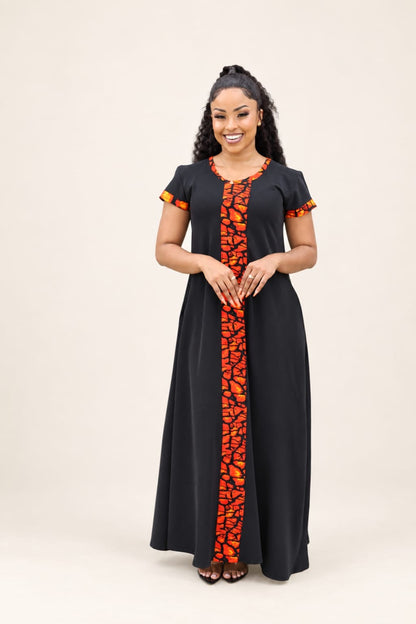 Black African Print Maxi Dress with a touch of Ankara(Cap Sleeves)