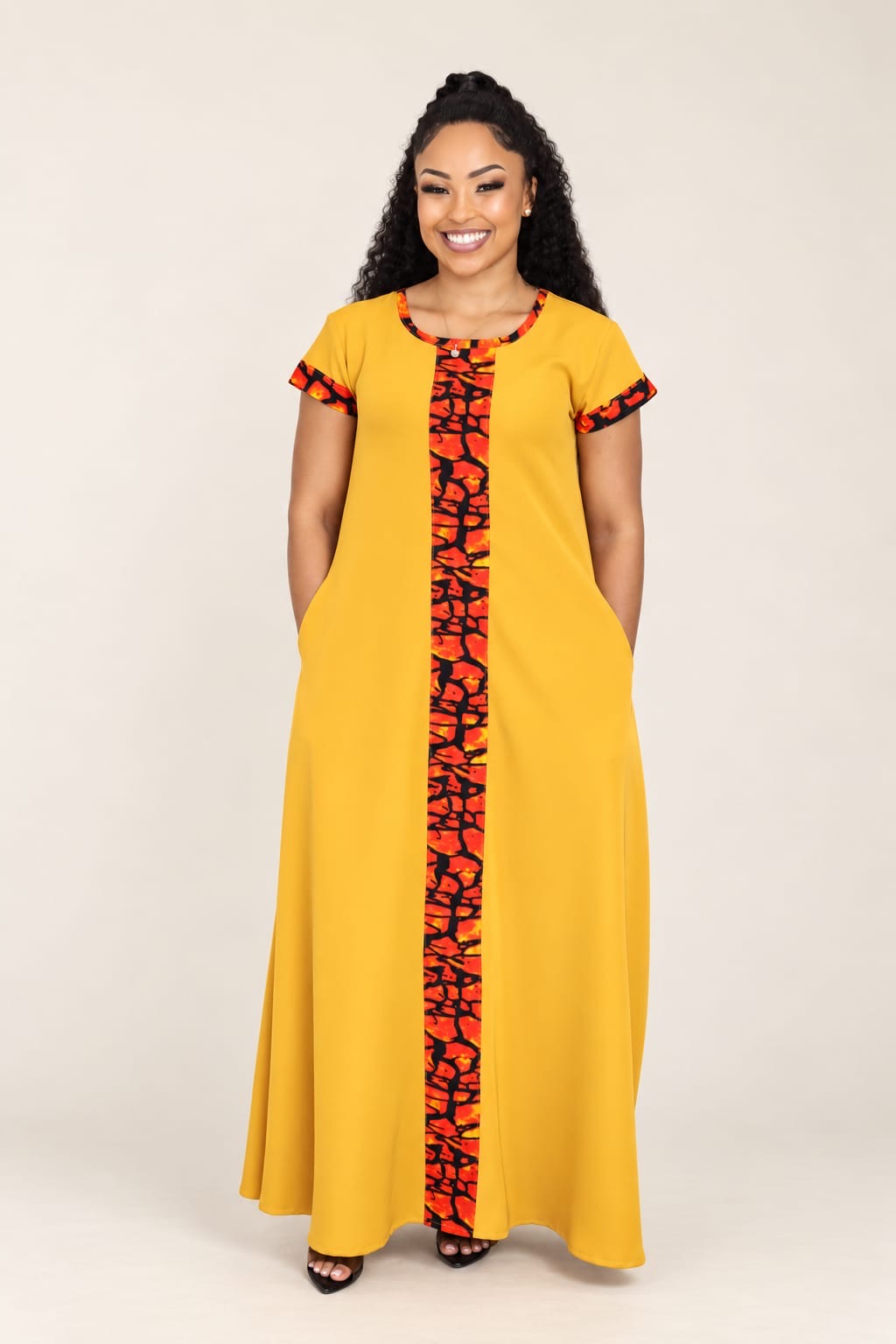 Yellow African Print Maxi Dress with a touch of Ankara(Cap Sleeves)