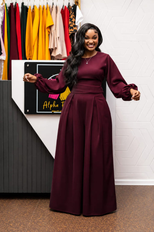 The Crimson Elegance 2-Piece Palazzo Set (Maroon)