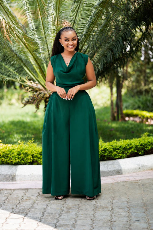 The Ultimate Cowl-Neck Wide-Leg Jumpsuit(Emerald Green)
