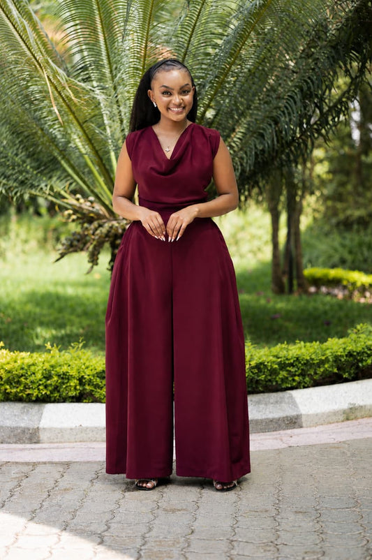 The Ultimate Cowl-Neck Wide-Leg Jumpsuit(Maroon/Burgundy)