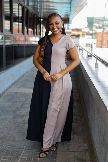 The Luxe Duo-Tone Wide- Leg Jumpsuits (Black+Beige)