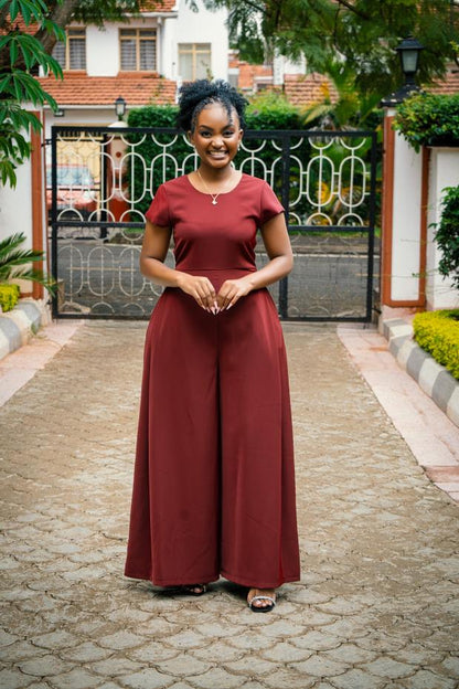 The Sienna Wide-Leg Cap-Sleeve Jumpsuit (Burgundy)