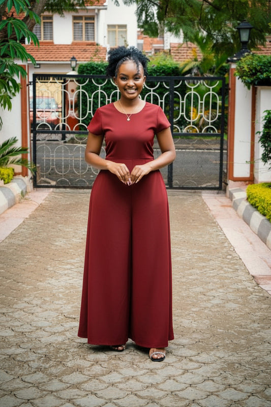 The Ultimate Cowl-Neck Wide-Leg Jumpsuit(Maroon/Burgundy)