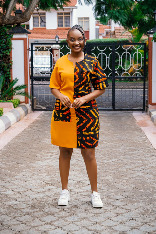 Tribal Panel Shift Dress (Mustard)