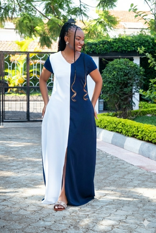 Navy Blue & White Maxi (with a front slit)