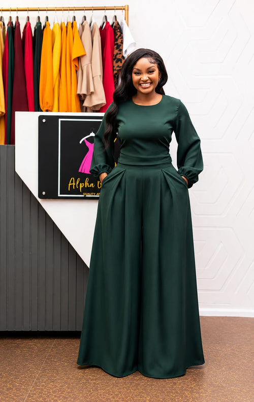 The Crimson Elegance 2-Piece Palazzo Set (Emerald Green)