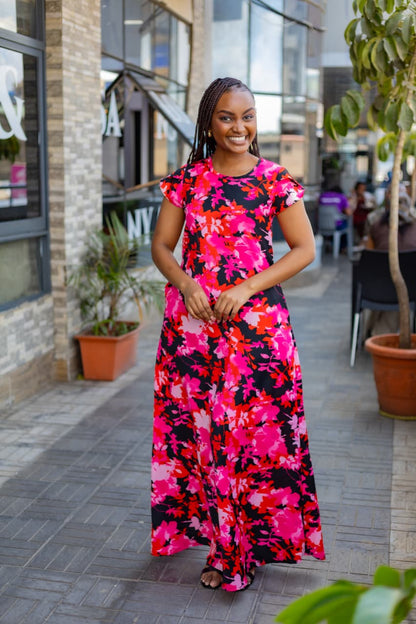 Floral Maxi Dress (Hotpink & Black)