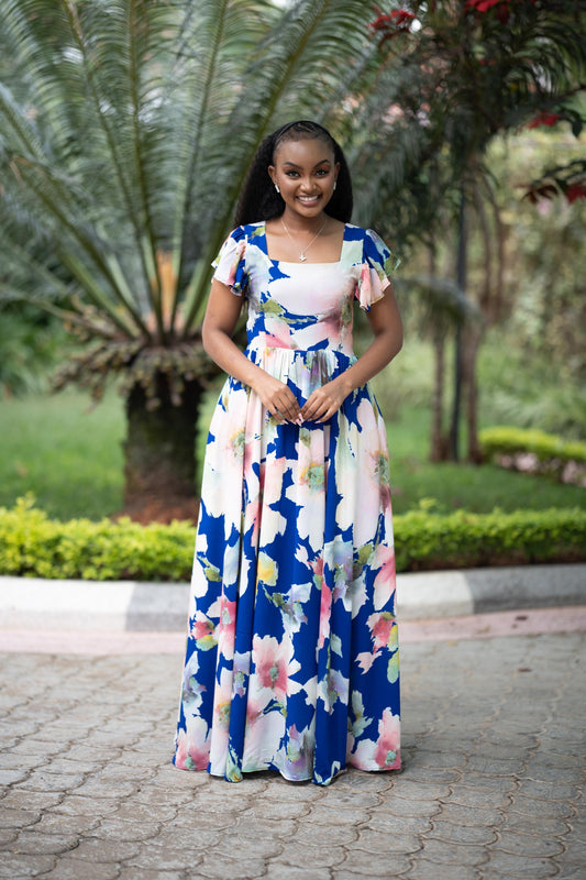 The Sapphire Bloom Flutter Maxi Dress
