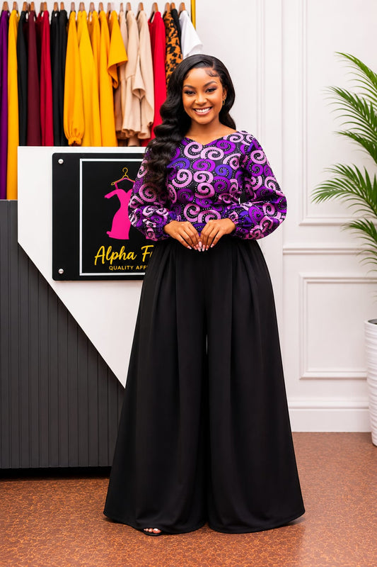 Zuri Purple Ankara Top & Wide-Leg Palazzo Two-Piece Set