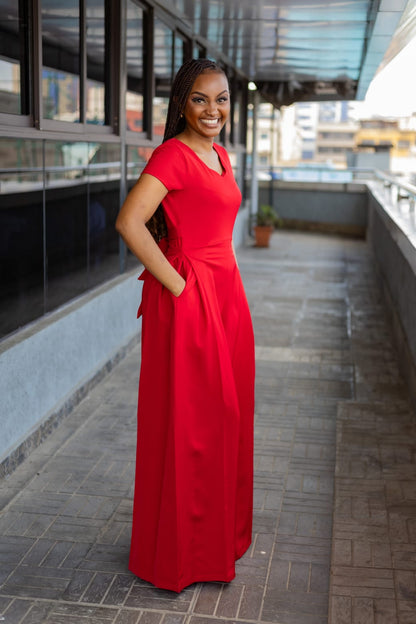 Red V-Neck Wide-Leg Jumpsuit