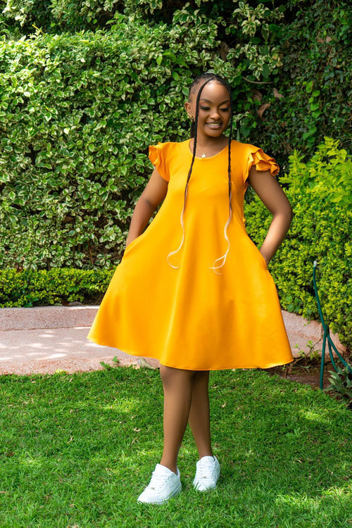 Mustard Shift Dresses (Ruffled Sleeves)