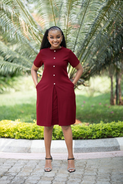 The Aria Pleated Pocket A-line Shift Dress(Burgundy)