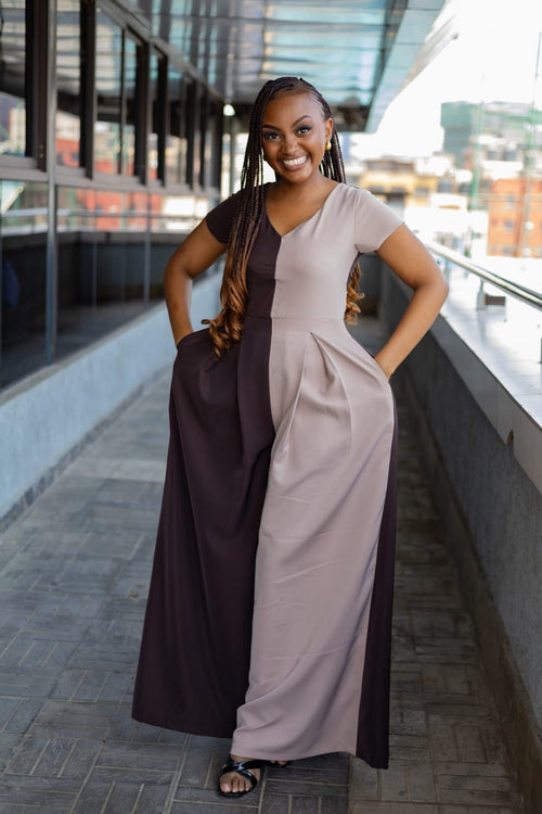 The Luxe Duo-Tone Wide- Leg Jumpsuits (Brown+Beige)