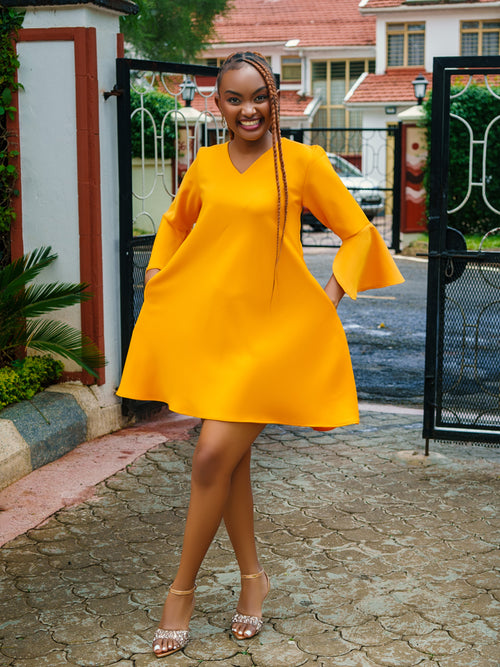 A-Line Bell-Sleeve Shift Dress(Mustard)