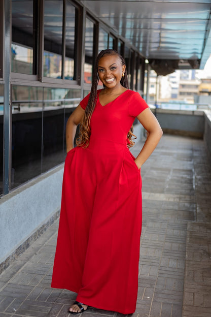 Red V-Neck Wide-Leg Jumpsuit