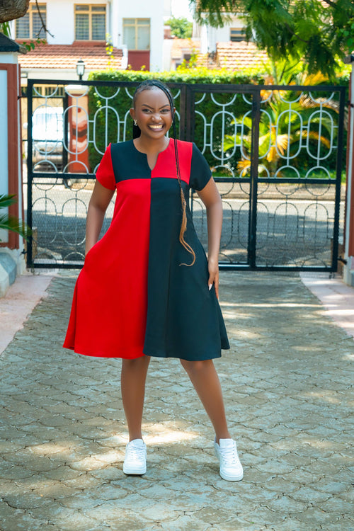 Color-Block Red & Black Shift Dress