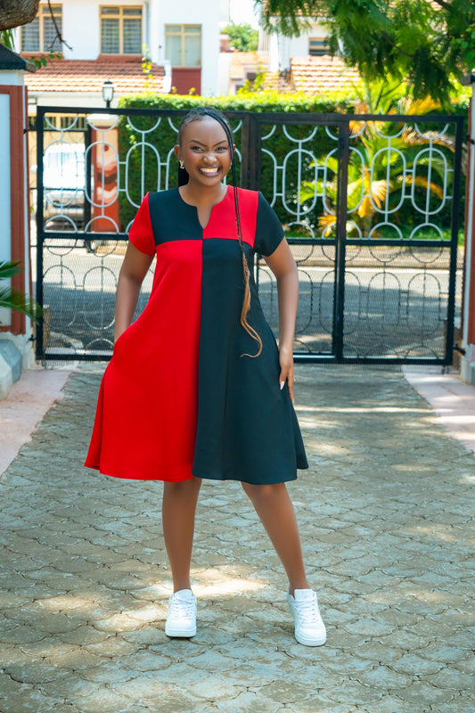 Color-Block Red & Black Shift Dress
