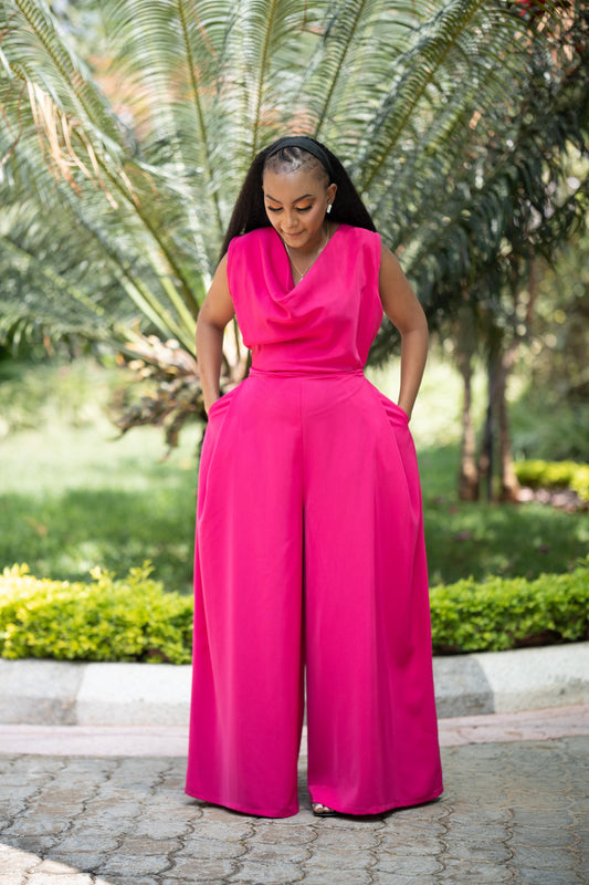 The Ultimate Cowl-Neck Wide-Leg Jumpsuit(Hotpink)