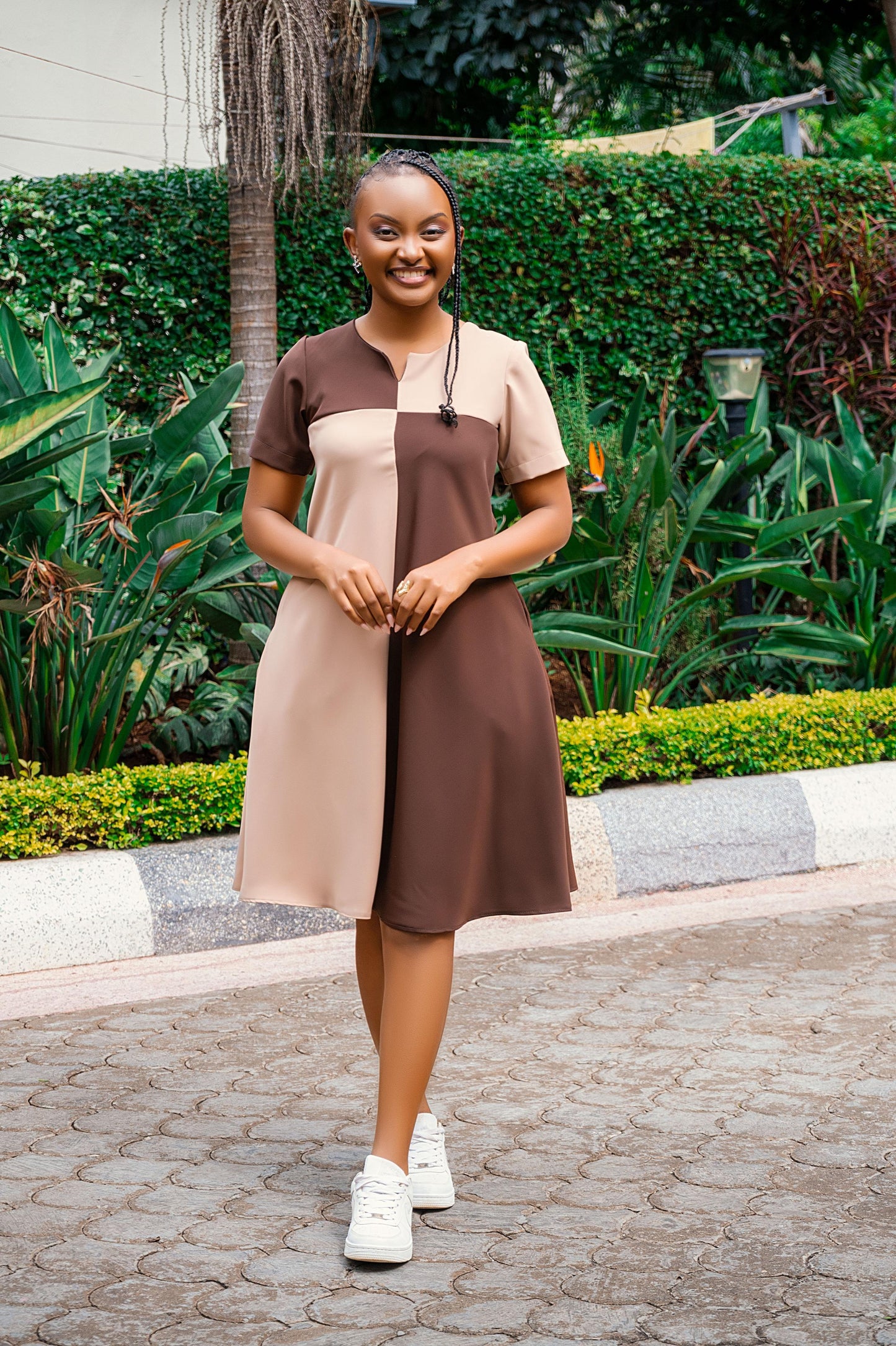 Color-Block Chocolate & Beige Shift Dress