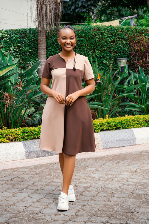 Color-Block Chocolate & Beige Shift Dress