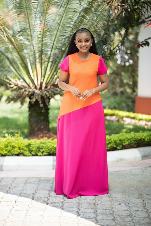 Hotpink & Orange Colour-Block Maxi