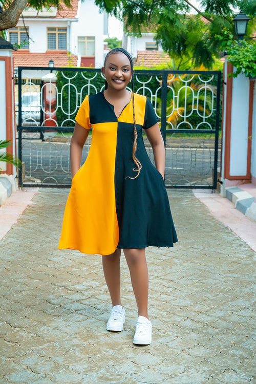 Color-Block Black & Mustard Shift Dress
