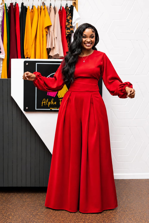 The Crimson Elegance 2-Piece Palazzo Set (Red)