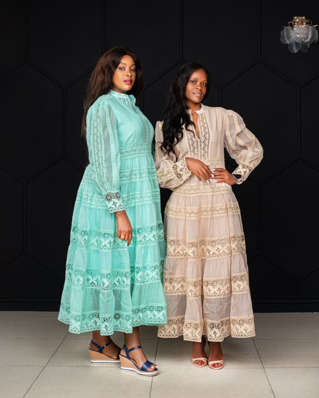 Savvy Elegance Notch Neck Floral Lace Panelled Midi Maxi Dress in Mint Green