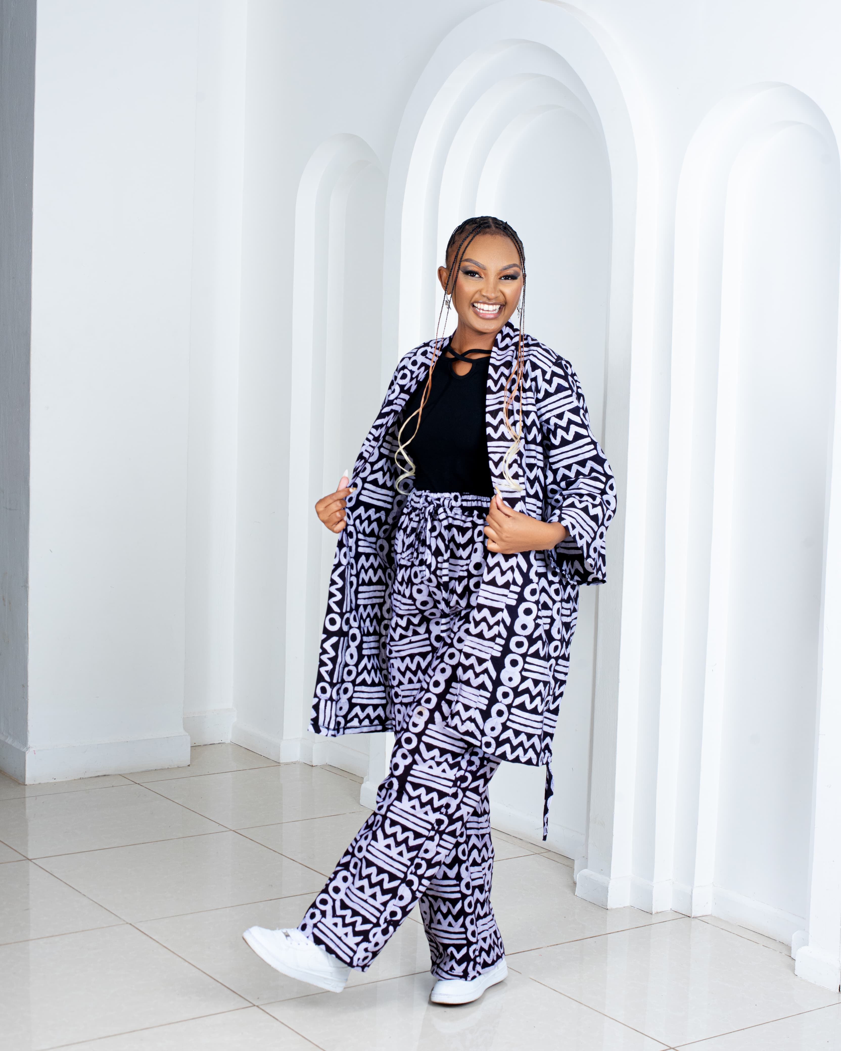 Batik 2pc Set (Kimono & Palazzo)(Black & Cream White)