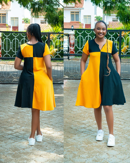 Color-Block Black & Mustard Shift Dress