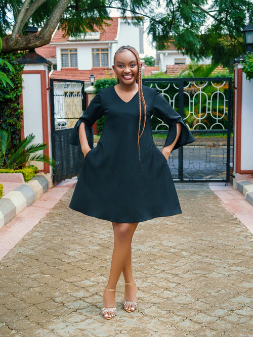 A-Line Bell-Sleeve Shift Dress (Black)