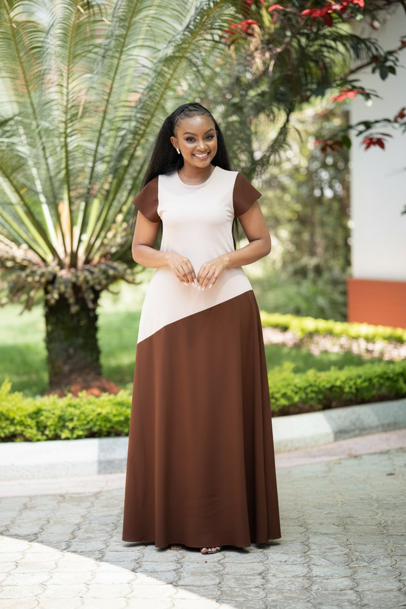 Brown & Beige Colour-Block Maxi