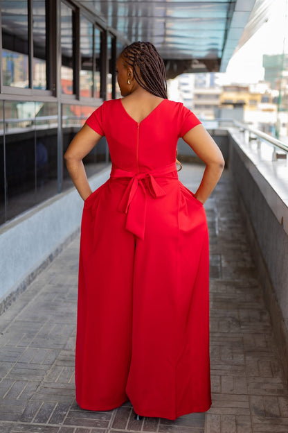 Red V-Neck Wide-Leg Jumpsuit