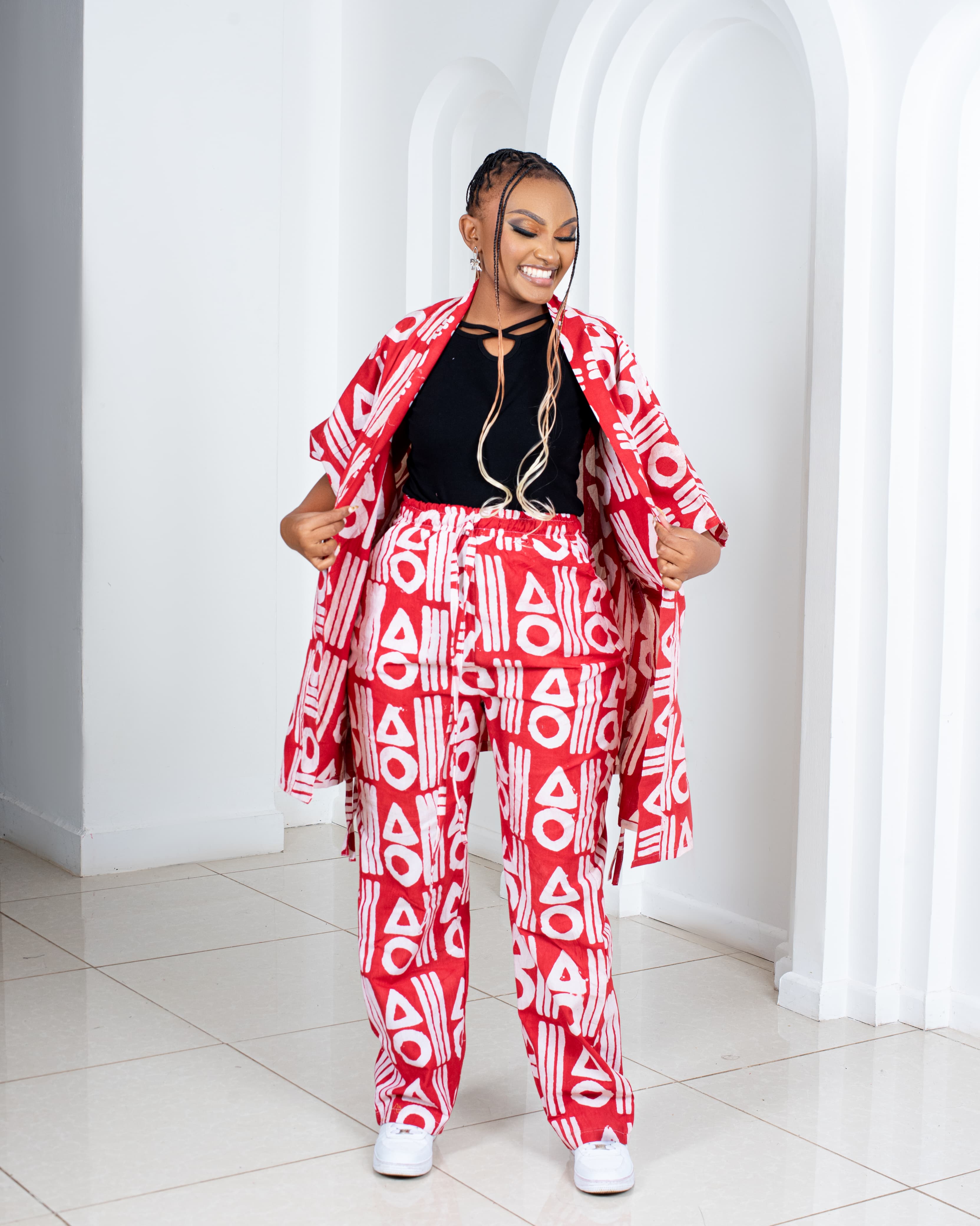 Batik 2pc Set (Kimono & Palazzo)(Red & White)