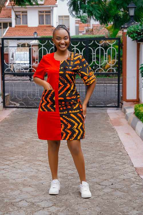 Tribal Panel Shift Dress (Red)