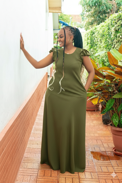 Olive Green Maxi Dresses (Ruffled Sleeves)