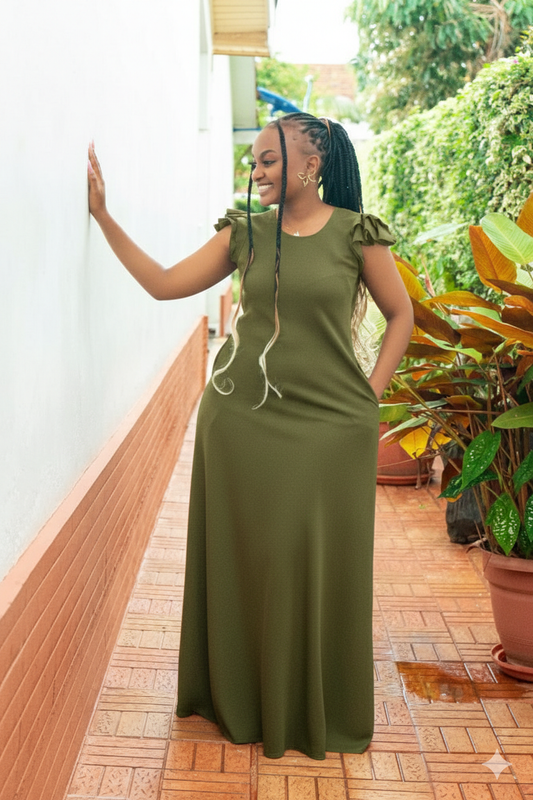 Olive Green Maxi Dresses (Ruffled Sleeves)