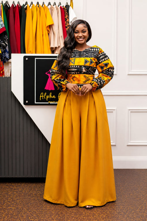 Zuri Mustard Ankara Top & Wide-Leg Palazzo Two-Piece Set