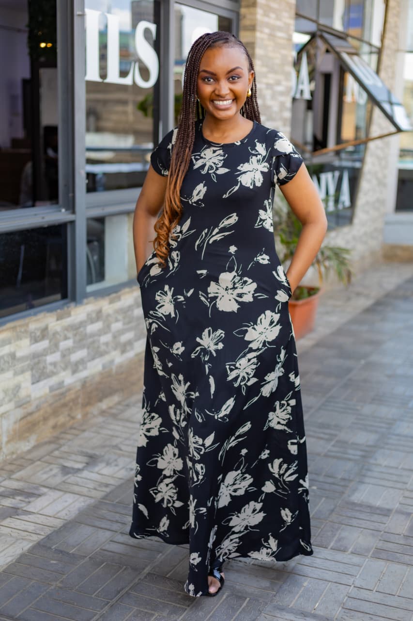 Floral Maxi Dress (Black & Light Beige)