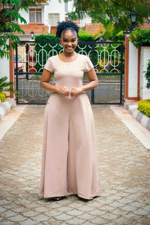 The Sienna Wide-Leg Cap-Sleeve Jumpsuit (Beige/Nude)