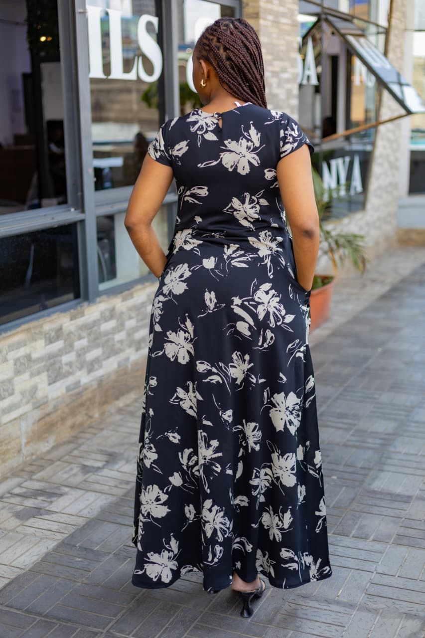 Floral Maxi Dress (Black & Light Beige)