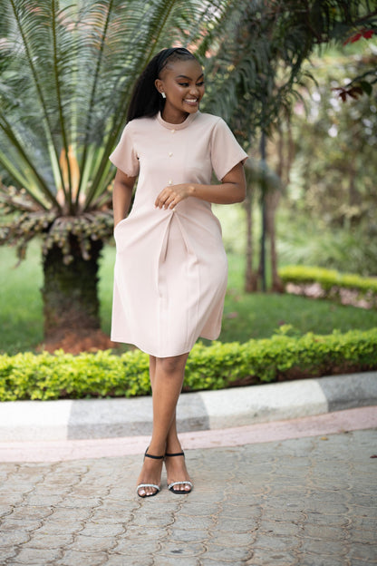 The Aria Pleated Pocket A-line Shift Dress(Blush)
